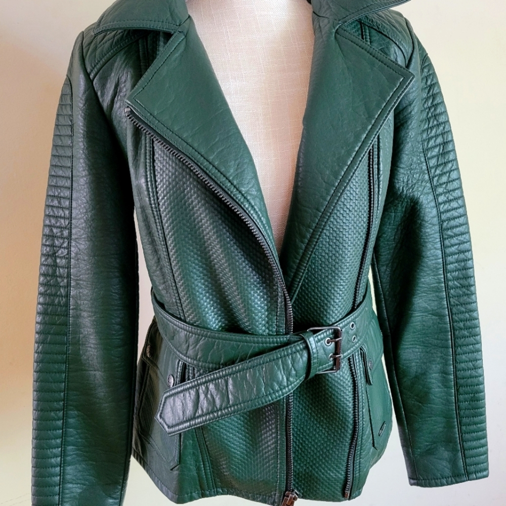 Green Leather guess jacket.
